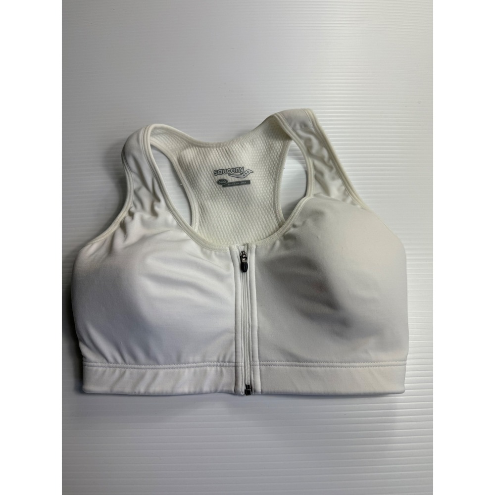 Saucony Zip Front Impact Sports Bra White Racerback Activewear Size 34DD